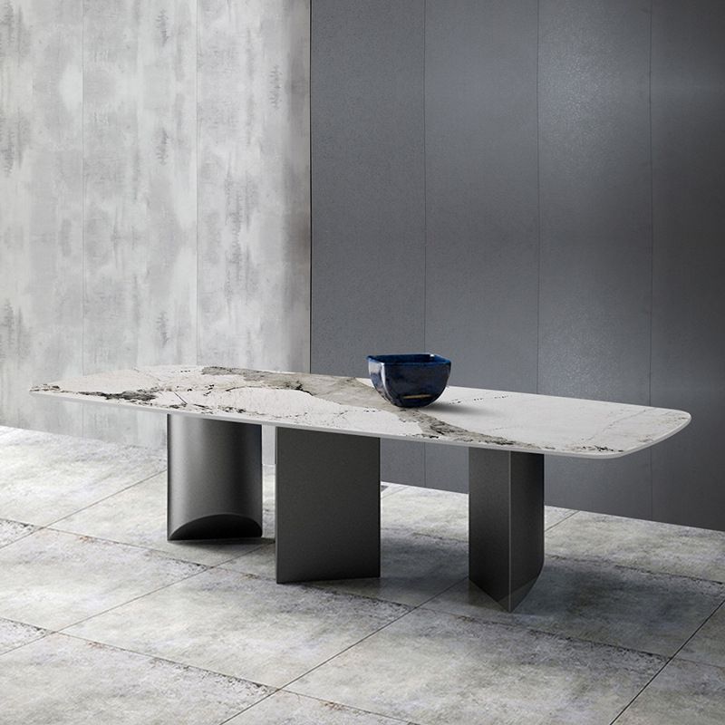 Sintered Stone Top Dining Table Rectangle Table with Grey Metal Base and Double Pedestal