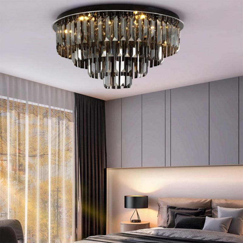 Smoke Gray Layered Ceiling Lamp Contemporary Crystal LED Ceiling Mount Light for Dining Room
