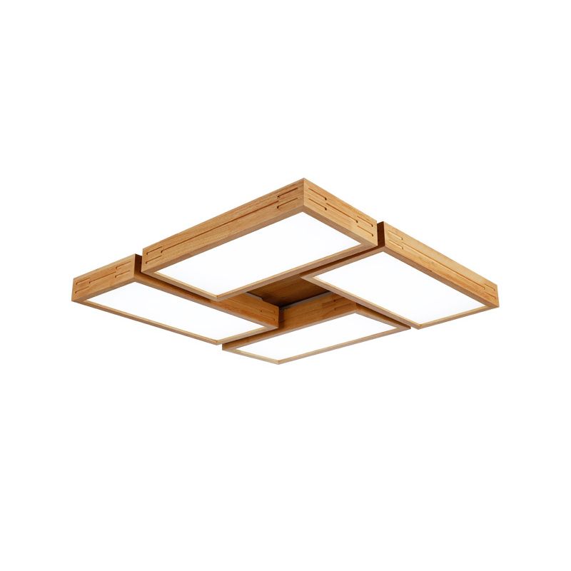 Beige Rectangle Ceiling Mounted Light Minimalist Wood 1/4 Lights Flush Mount in White/Warm Light with Acrylic Diffuser