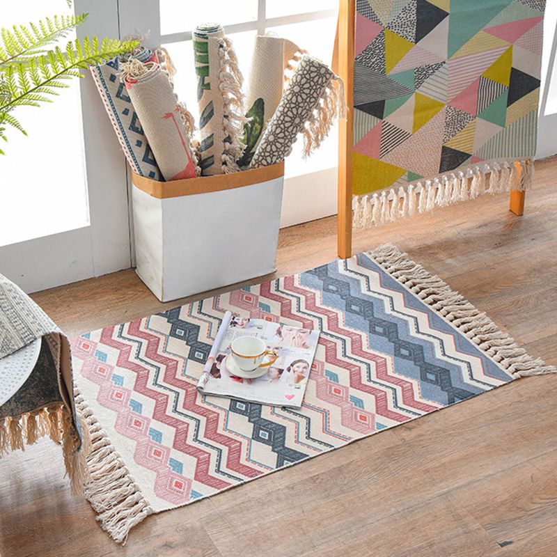 Retro Multi Color Moroccan Rug Cotton Blend Tribal Symbols Carpet Machine Washable Rug with Tassel for Room