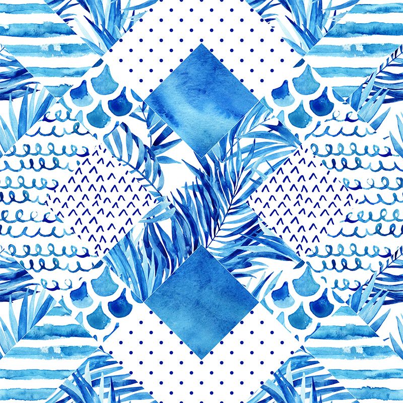 Extra Large Tropical Mural Wallpaper in Blue Leaves Pattern Wall Decor, Custom Printed