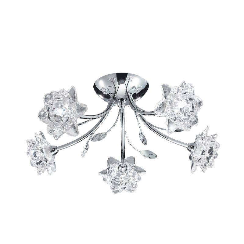 Polished Chrome 5-Head Semi Flush Modern Stylish Crystal Flower Blossom Ceiling Mount Chandelier