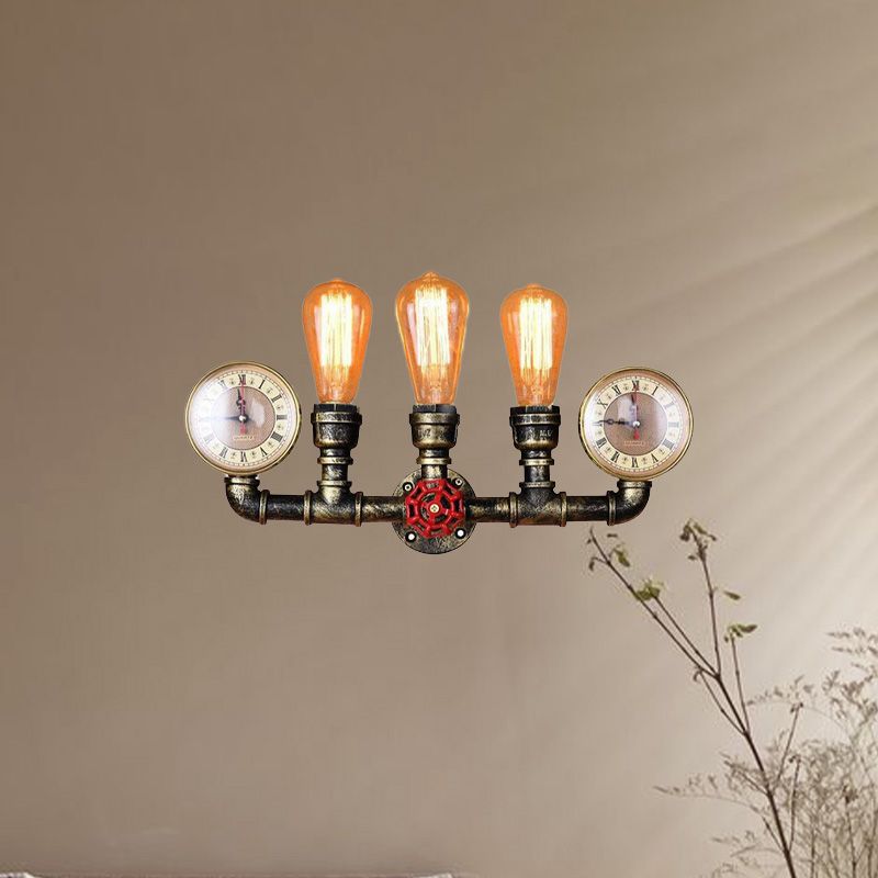 3-Head Iron Wall Lighting Industrial Brass Bare Bulb Hallway Wall Mount Pipe Lamp with Valve and Gauge Deco