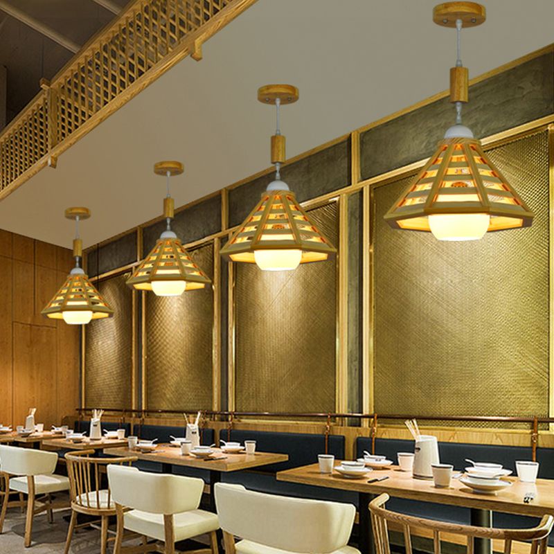 Cone Cage Down Lighting Modernist Wood 1 Light Beige Pendant Lamp Fixture for Dining Room