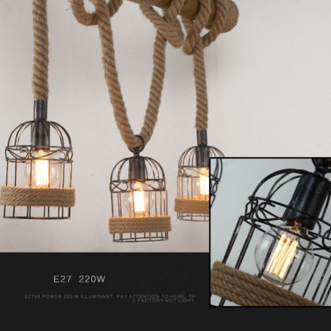 Rope Cage Shade Island Light Fixture Retro Style Restaurant Chandelier Light Fixture in Beige