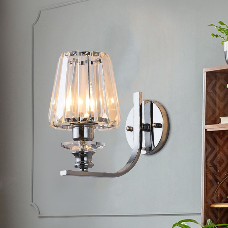 1 Bulb Wall Mount Lamp Modern Living Room Sconce Light with Cone/Cylinder Crystal Shade in Chrome