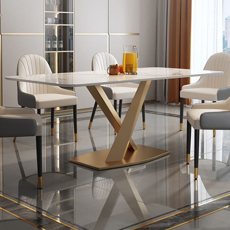 Luxury Sintered Stone Dining Table Rectangle Table with Single Pedestal in Gold