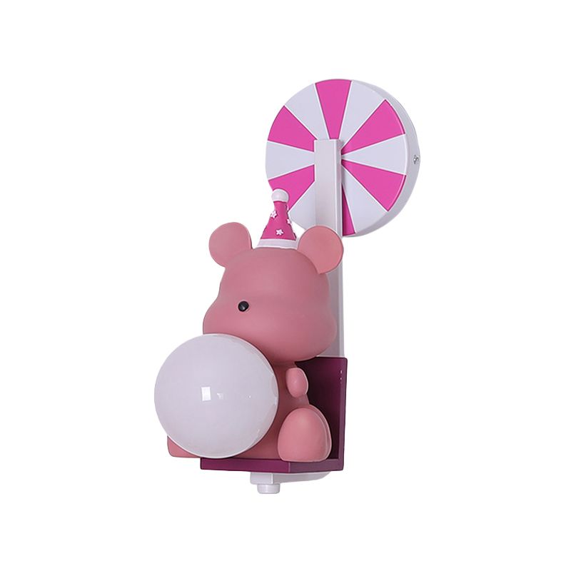 Birthday Bear Holding A Ball Wall Lamp Cartoon Resin 1-Light Pink/Blue Sconce Light with Milk Glass Shade
