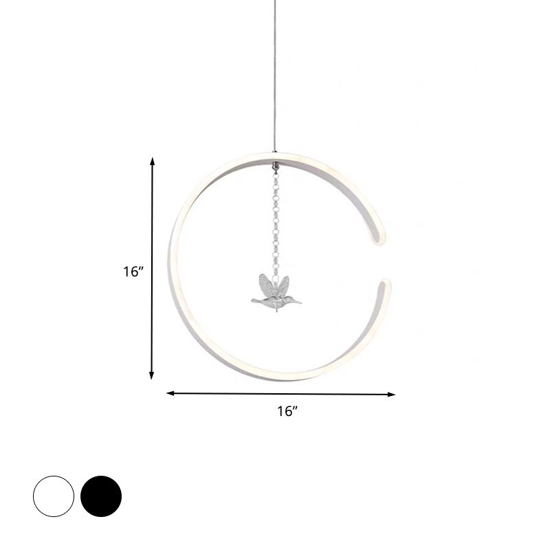 Acrylic Ring Pendant Lamp Minimalist LED Hanging Ceiling Light in White/Black with Bird Crystal Decor