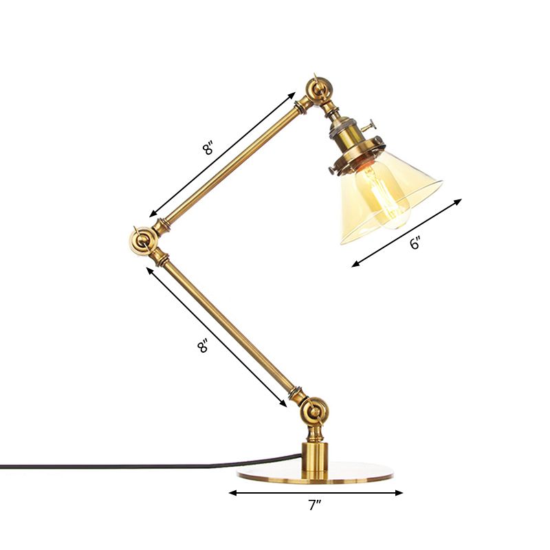 Table conique de style industriel clair Ambre / verre transparent et métal 1 lampe de table de chambre à coucher légère avec bras réglable en noir / laiton