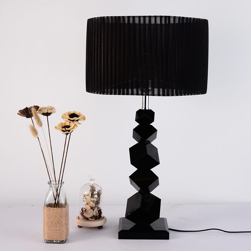 Black Drum Nightstand Lamp Modern 12"/13" W Single Pleated Fabric Table Light with Rock Pedestal