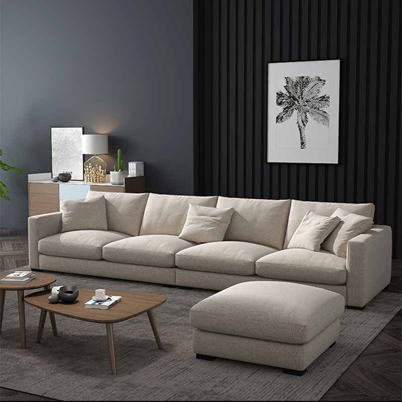Contemporary Beige Sofa with Loose Back and Square Arms in Linen