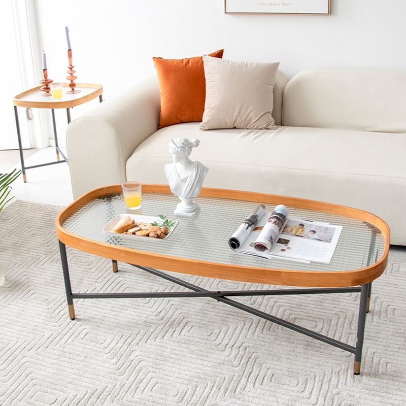 Geometric Clear Glass Coffee Table with Wood Edge 1 Single Cocktail Table