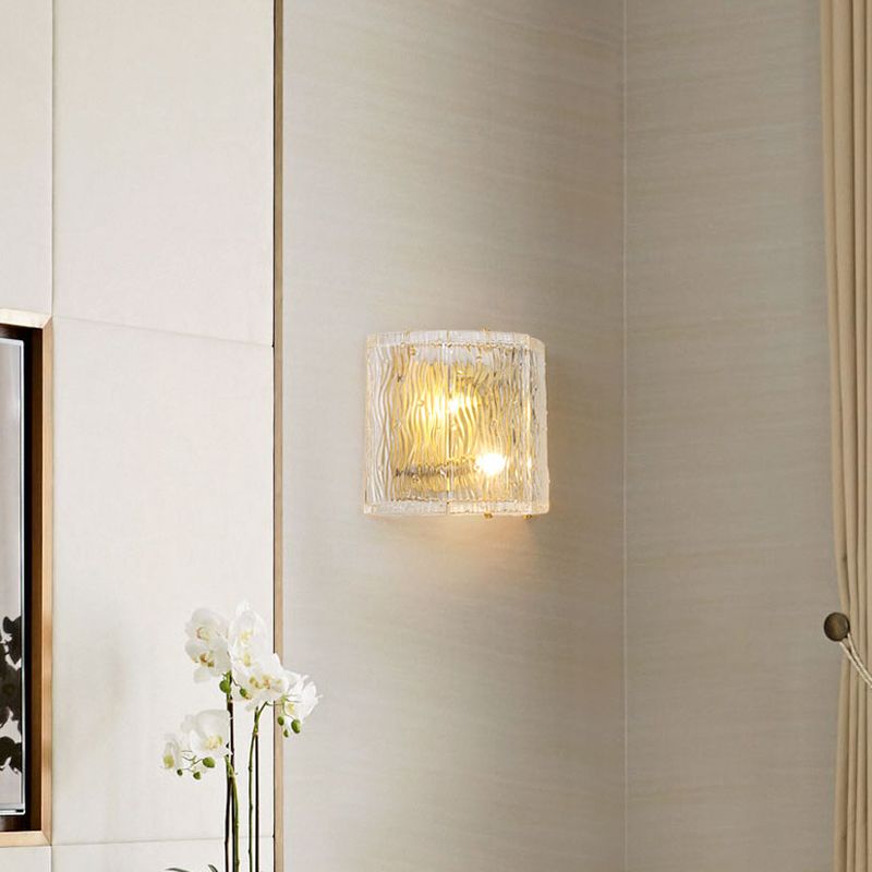 Half-Cylinder Wall Sconce Fixture Modernism Clear Ripple Glass 2 Lights Hallway Wall Lighting in Gold Finish
