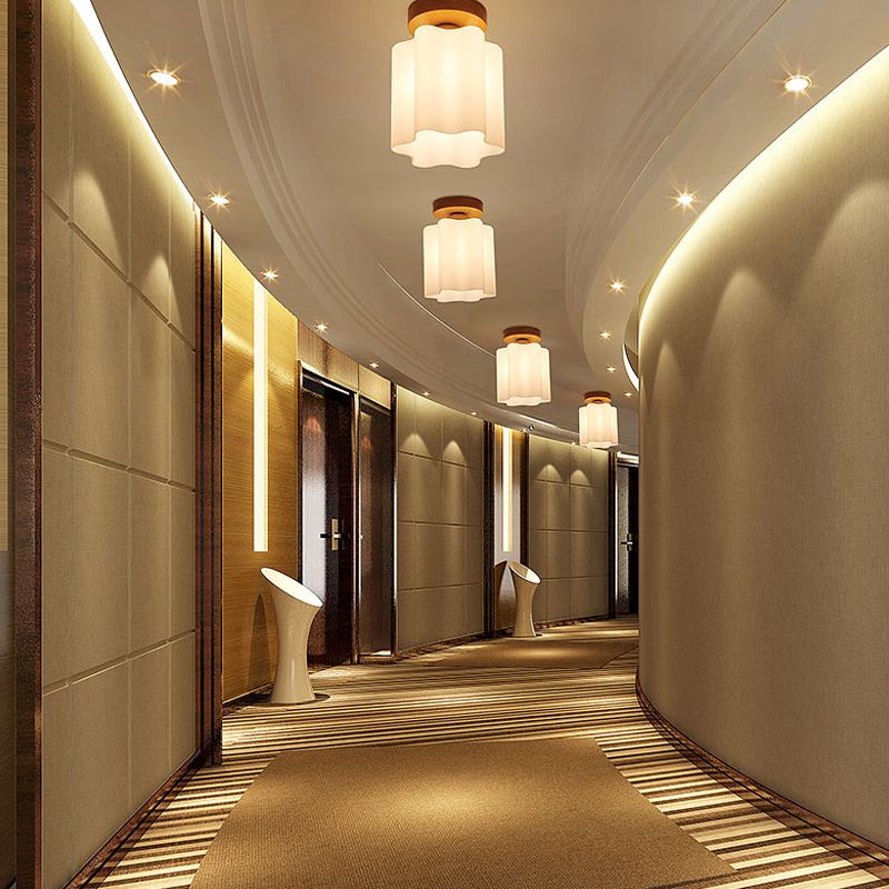 Melkachtige Glas Prisma Floral Plafond Flush Licht Minimalisme 1 Bulb Houten Flushmount Licht voor Corridor