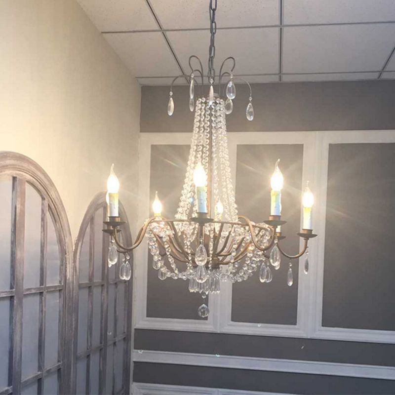 Bronze Finish Candle Chandelier Countryside Metal Living Room Ceiling Light with Crystal Drape