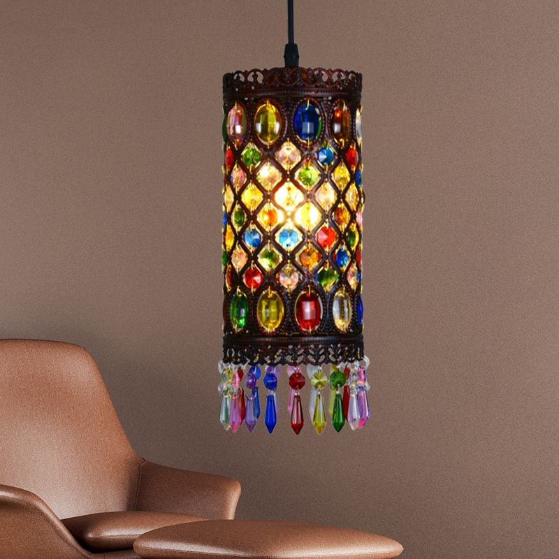 Copper 1 Bulb Ceiling Hang Fixture Traditional Metal Cylinder Suspension Light for Restaurant