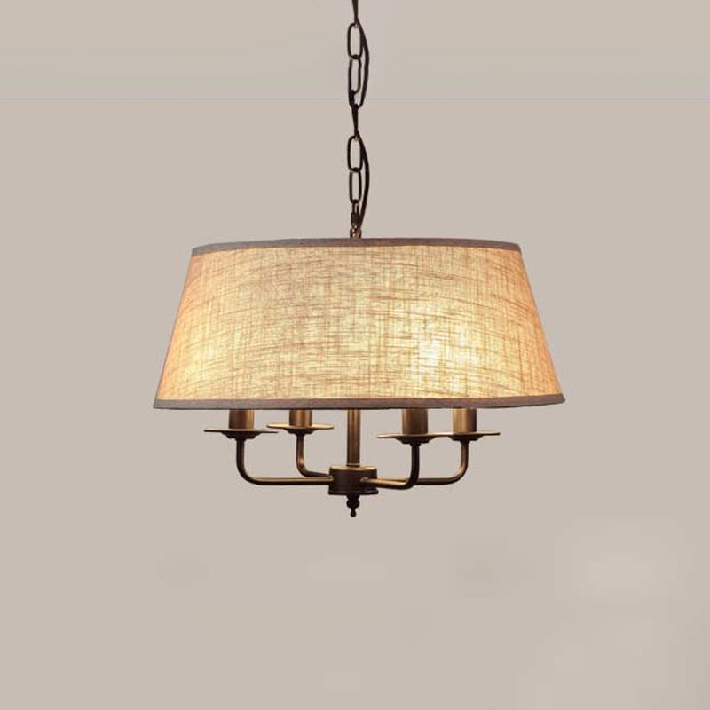 4 Lights Fabric Chandelier Light Rural Style Beige/Green Tapered Drum Dining Room Drop Pendant
