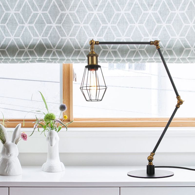 Wire Frame Table Lighting Industrial Style Metal 1 Light Black/Brass Finish Table Lamp with Adjustable Arm
