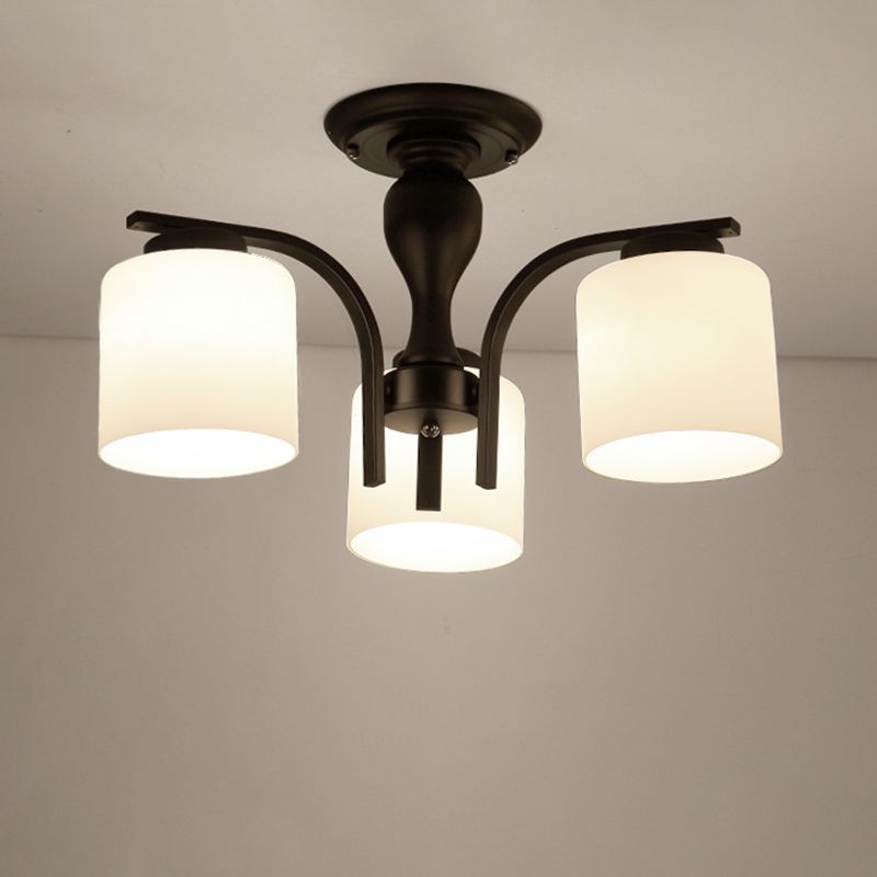 Semi Flush Mount Chandelier Country Living Room Ceiling Light with Cylindrical Milk Glass Shade in Black