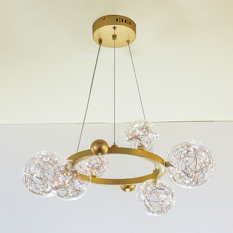 Transparant glas bol LED -licht snaren kroonluchter ronde metalen lamp body moderne stijl eenvoud verlichtingsarmatuur