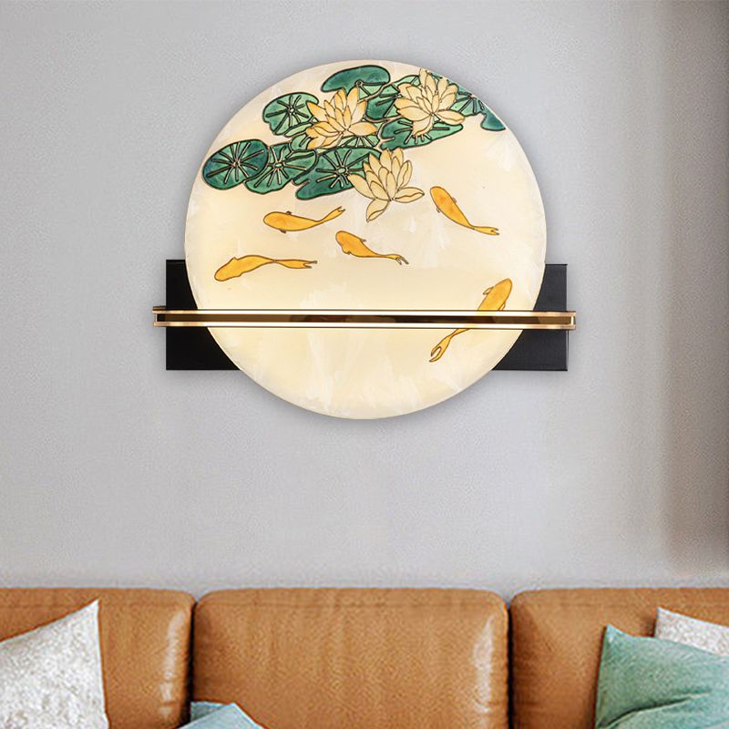 Black Rounded Wall Mural Lamp Oriental Style LED Acrylic Wall Mounted Light with Elk Deer/Fish Pattern