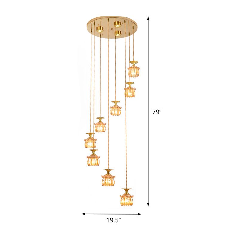 Modernist Globe/Cylinder Pendant Lamp 8-Head Tan Prismatic Glass Multi Light Chandelier in Brass