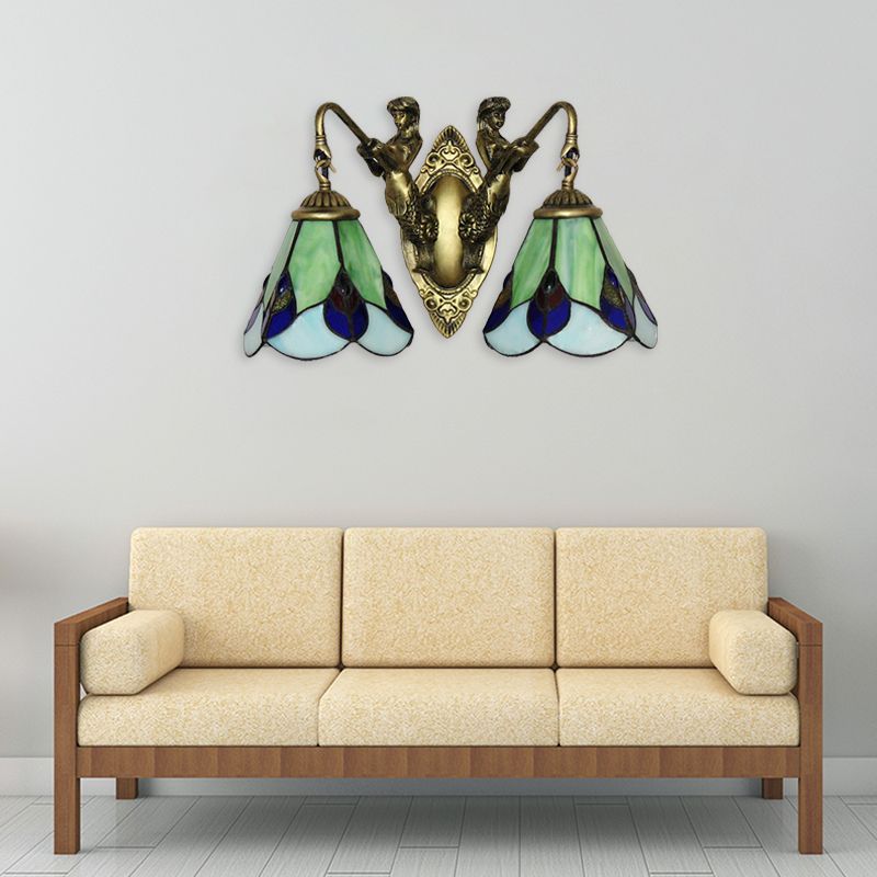 Green Glass Flower Wall Mounted Light Tiffany 2 Heads Antique Brass Sconce Lighting