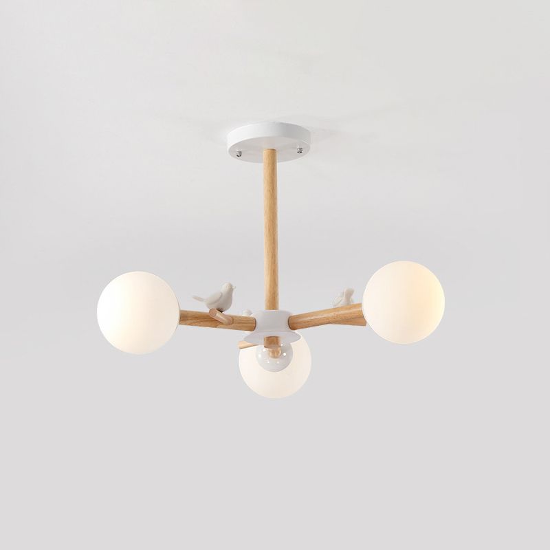 Radial Ceiling Mount Chandelier Nordic Wood 3/6-Bulb Bedroom Semi Mount Lighting with White Glass Shade and Bird Decor