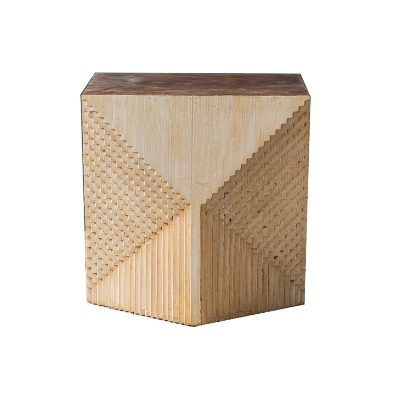 Solid Wood Drum End Table Rustic Engraved Design Accent Side Table
