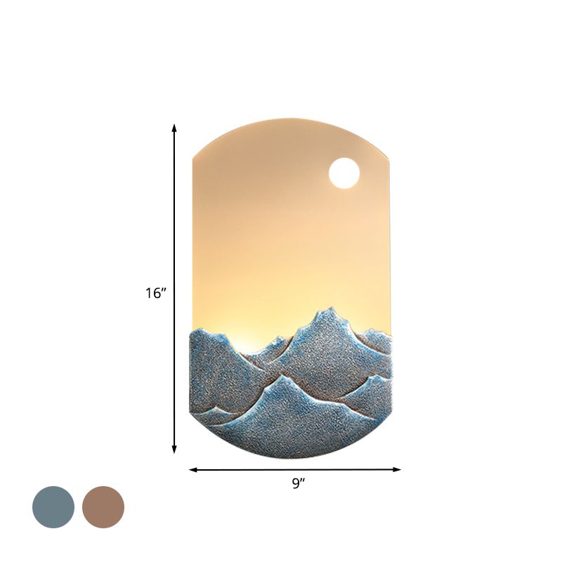 Éclairage mural ovale argenté / marron Light de style chinois LED LED acrylique mural d'éclairage avec un motif de montagne pour la chambre