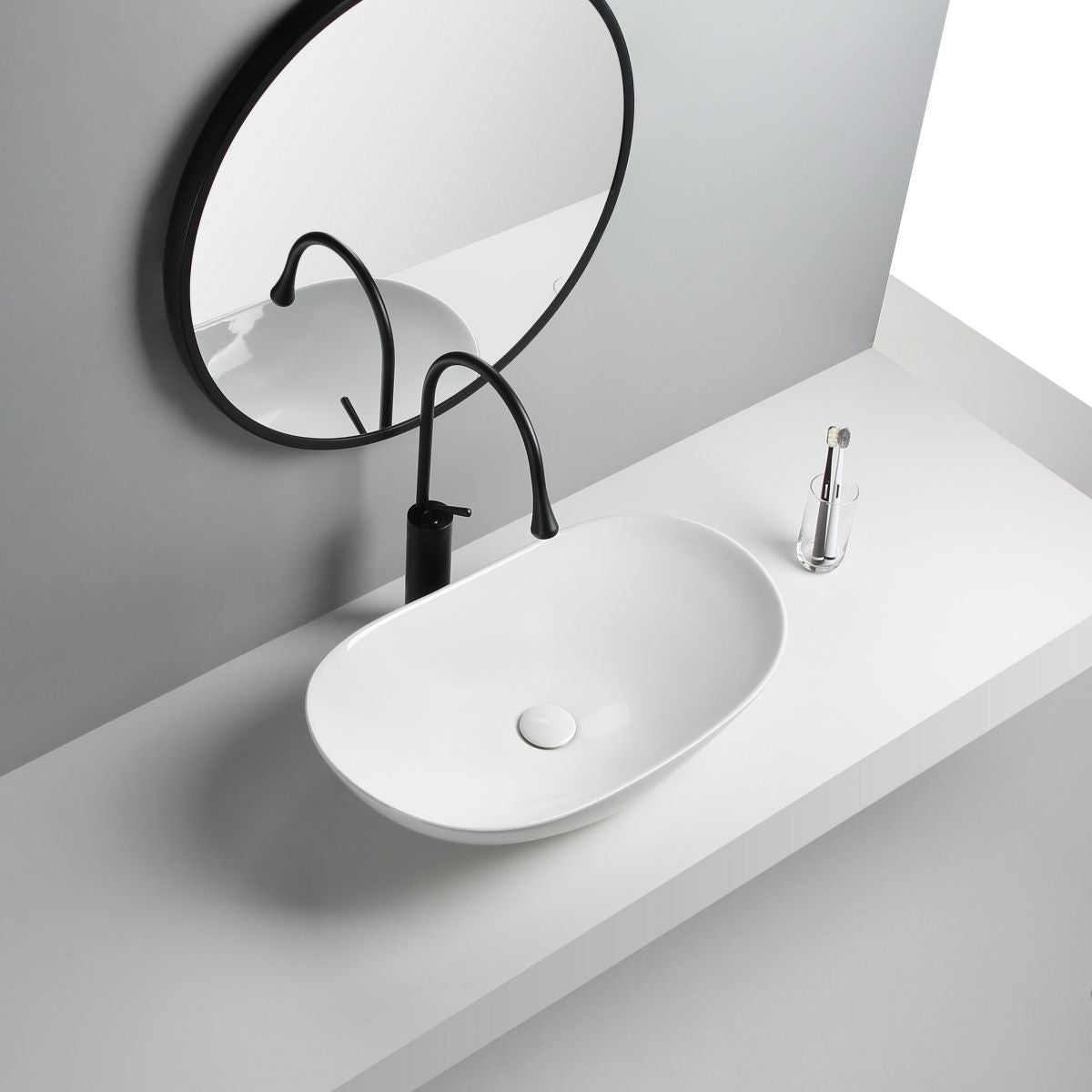 Modern Vessel Lavatory Sink Porcelain Oval with Faucet and Drain Assembly Vessel Sink