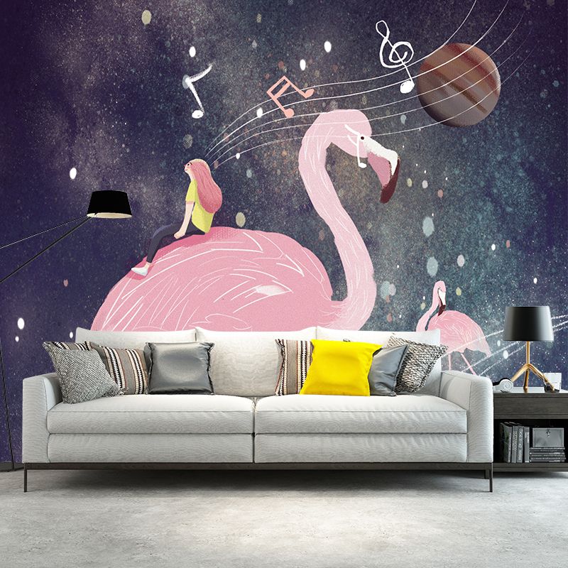 Pink Flamingo and Music Mural Wallpaper Water Resistant Wall Decor for Girls Bedroom