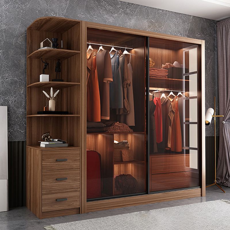 Mirrored Finish Cabinet with Glass Door Modern Brown Wardrobe for Home