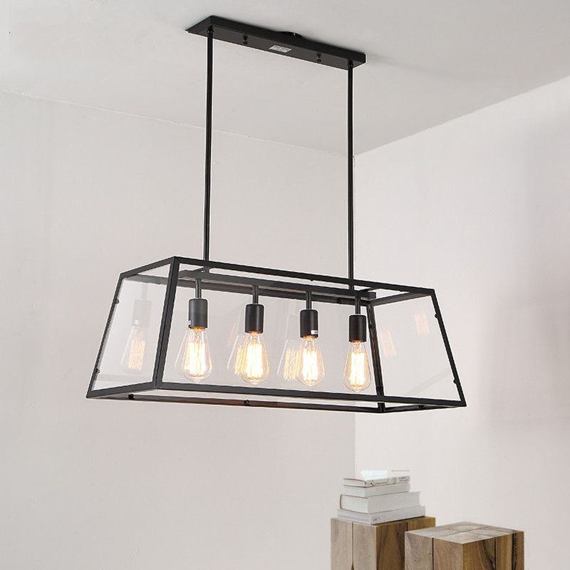 Industrial Glass Island Light Black 4 Lights Island Pendant for Restaurant