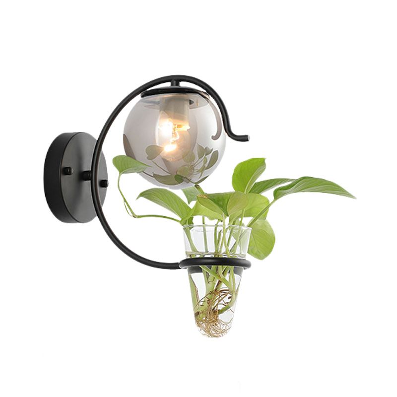 Cream/Smoke Gray Glass Orb Sconce Vintage 1-Bulb Bedroom Wall Lamp in Black/Gold with C-Shaped Arm and Plant Cup