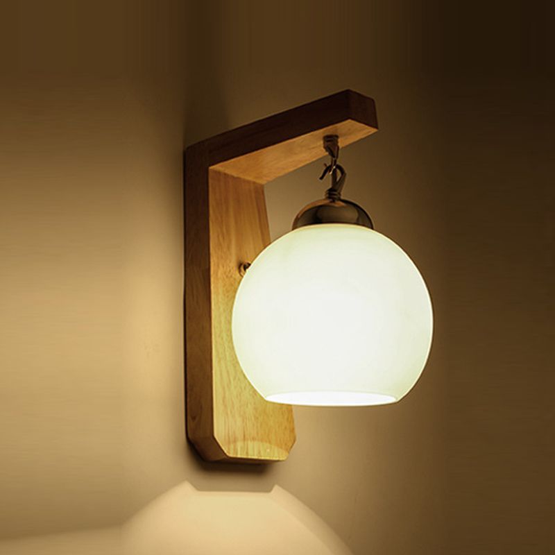 Nordic Wood Wall Light Globe 8" Wide Wall Sconce with White Glass for Living Room