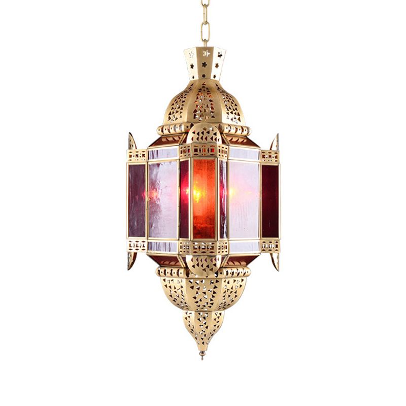 Lantern Red Glass Suspension Pendant Arab 3 Heads Living Room Chandelier in Brass with Hollow-Out Design