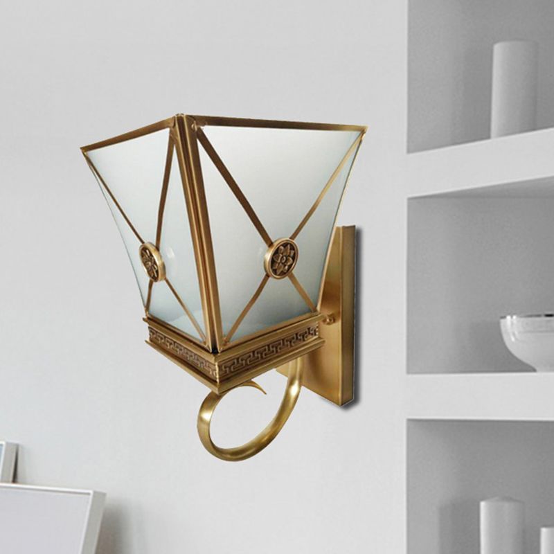 Tapered Opaque Glass Wall Sconce Vintage 1 Light Gold Finish Curly Arm Wall Light Fixture