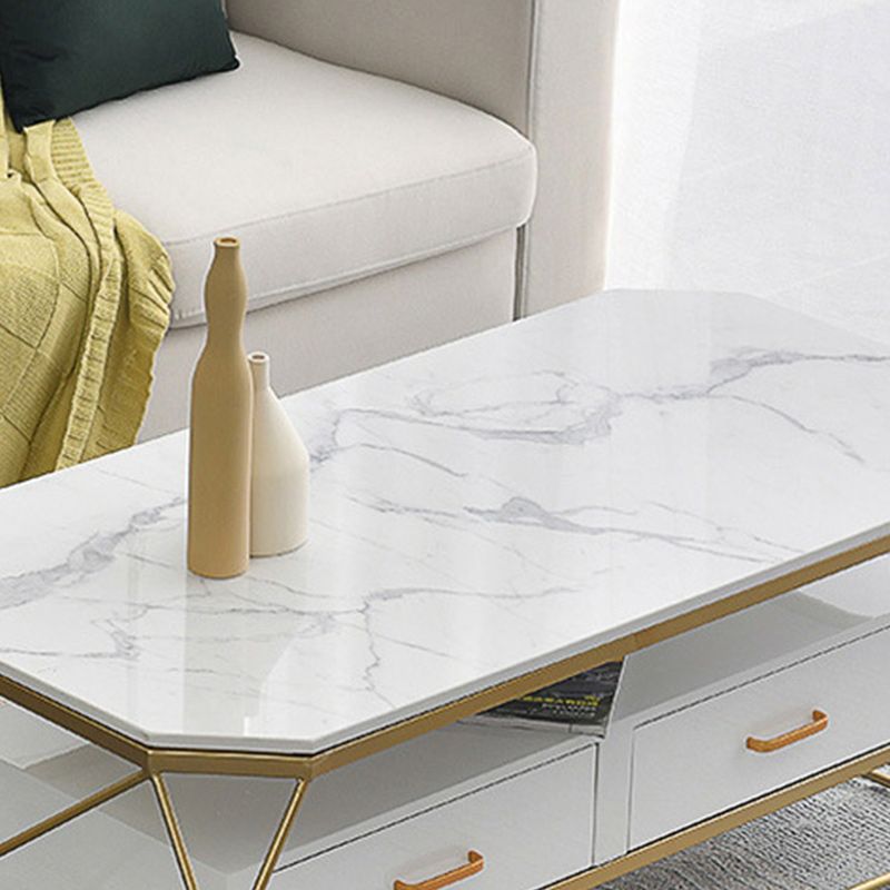Glam Coffee Table with Glass/Marble Top and 2 Drawers and Iron Base