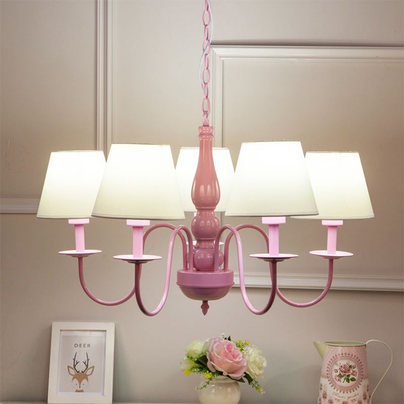 Tapered Shade Kindergarten Chandelier Metal 5 Heads Kids Hanging Light in Pink & White