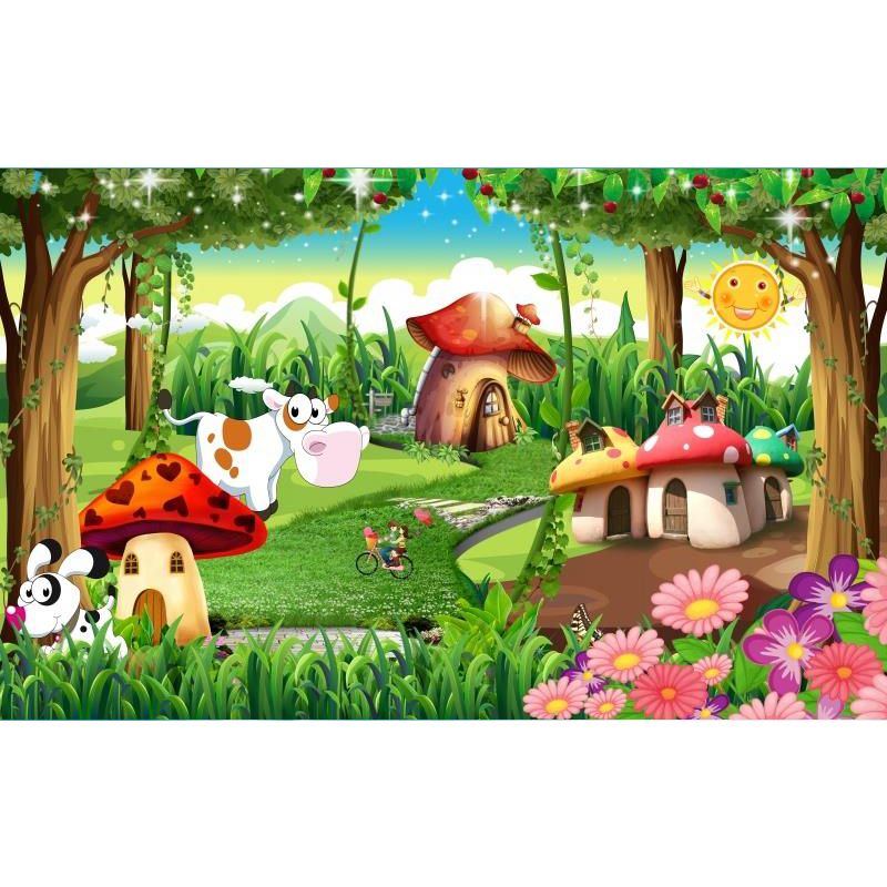 Forest Mushroom Houses Mural Wallpaper Green Cartoon Wall Decor for Child Bedroom