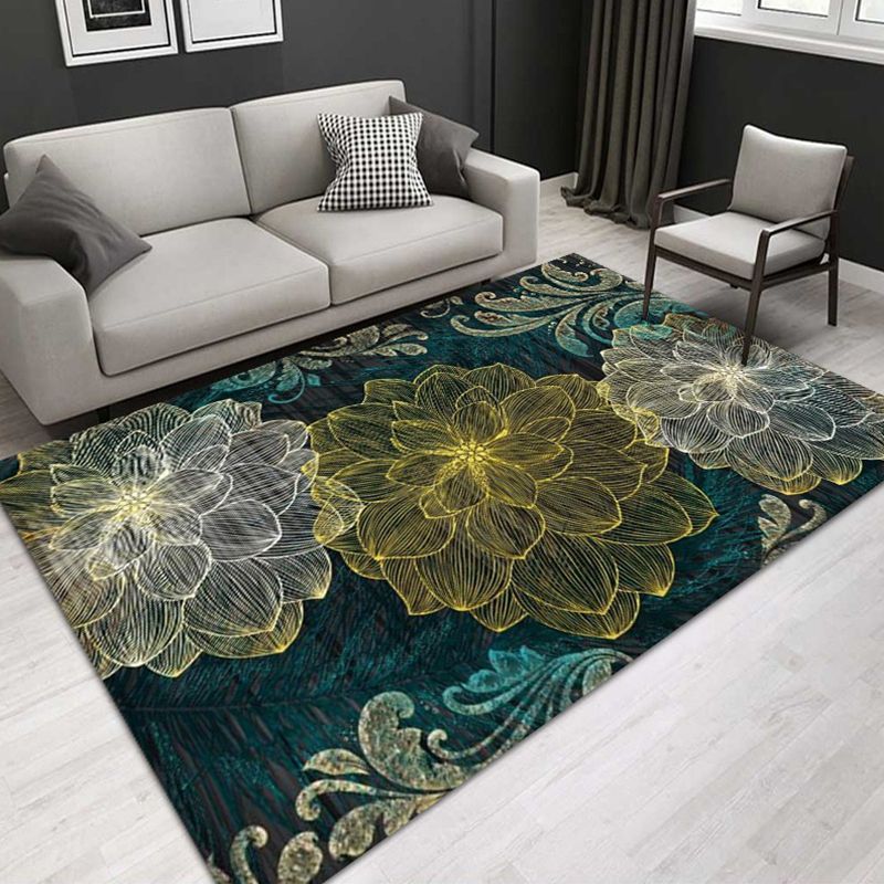 Green Modern Rug Flowers Polyester Indoor Rug Stain Resistant Rug for Living Room