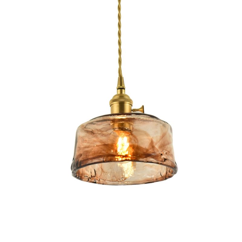 Brass Shaded Drop Pendant Vintage Handmade Tan Glass 1-Bulb Living Room Pendulum Light