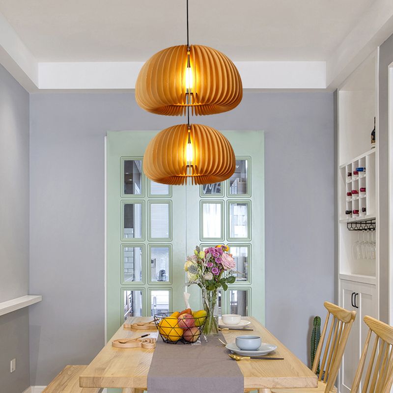 1 Light Pumpkin Shape Wooden Pendant Light Modern Style Living Room Hanging Lamp Fixture