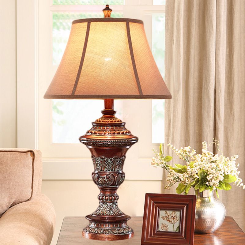 Vintage Style Bell Shade Nightstand Lamp 1 Bulb Fabric Desk Light in Red Brown with Urn-Shaped Base, 25"/29.5" H