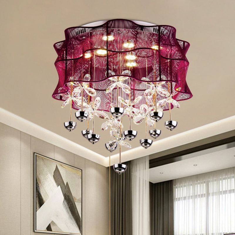 Red Drum Flushmount Lamp Romantic Modern Fabric Bedroom LED Ceiling Light with Dangling Crystals