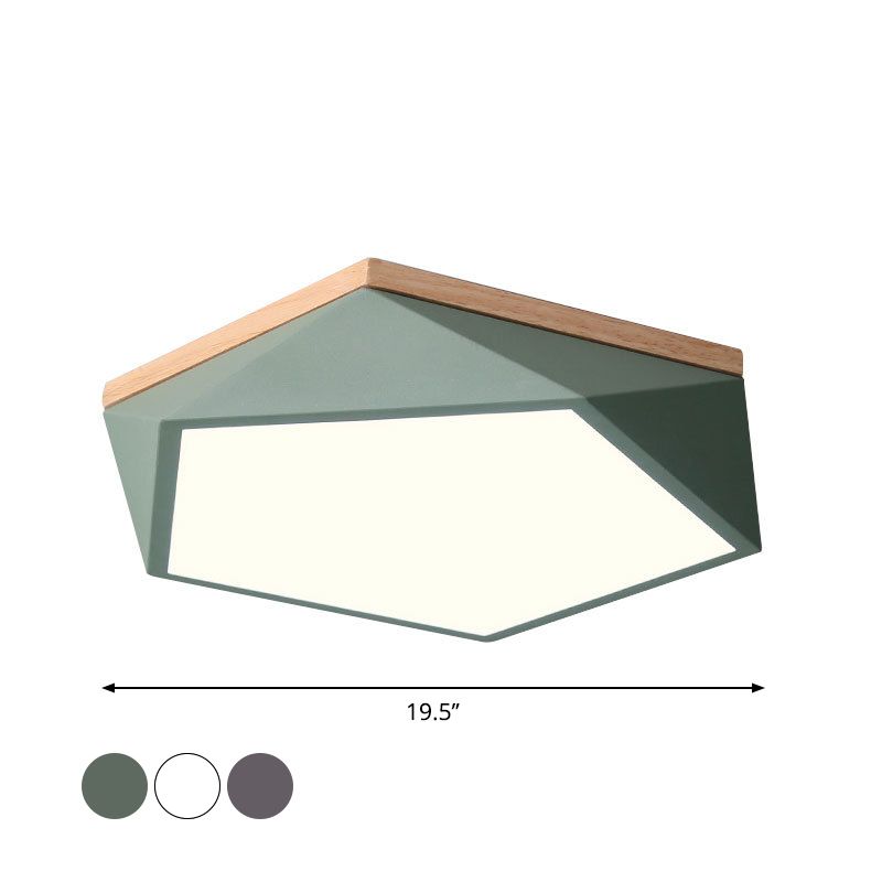 Plafonnier à facettes Macaron métallique 16"/19,5" W LED pour chambre à coucher en blanc/gris/vert avec auvent en bois