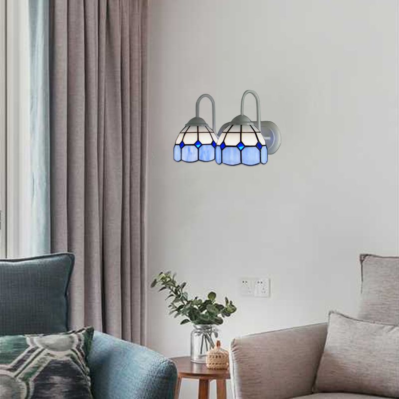 Grid Patterned Wall Light Fixture Baroque Blue/Orange Glass 2 Heads White Sconce Lighting