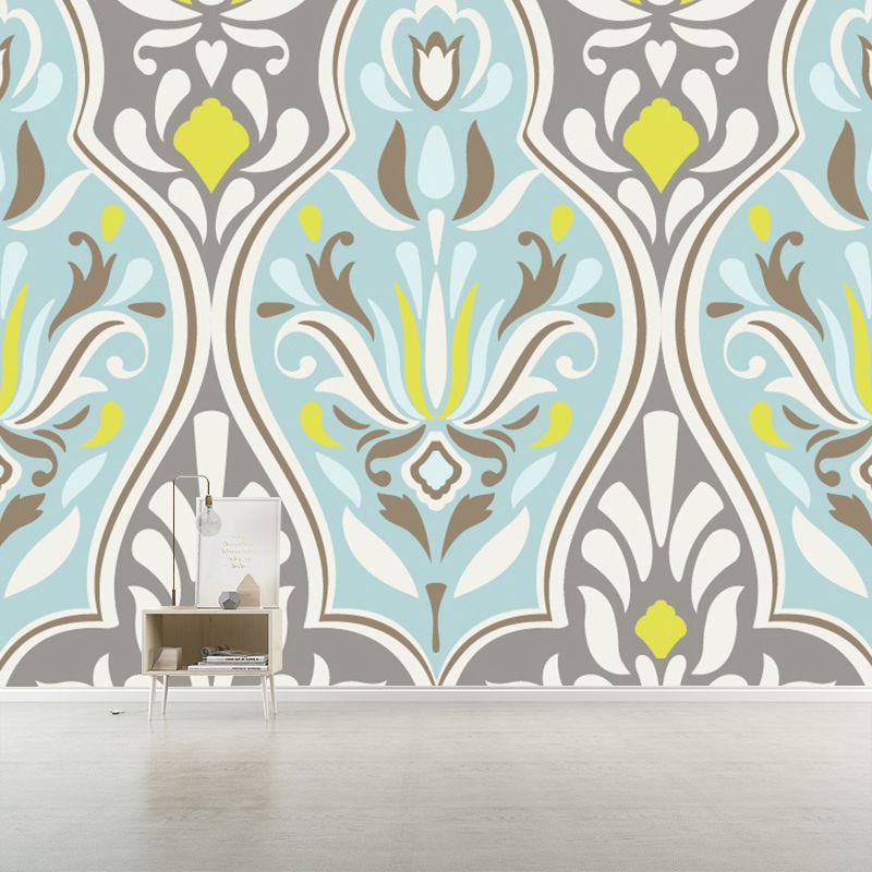 Yellow-Blue Floral Wall Mural Decal Waterproof Bohemian Bedroom Wall Art, Custom Size